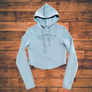 Buff Bunny Women Sweatshirt‎ XS Light Blue Crop Hoodie Cut Out Thumbholes